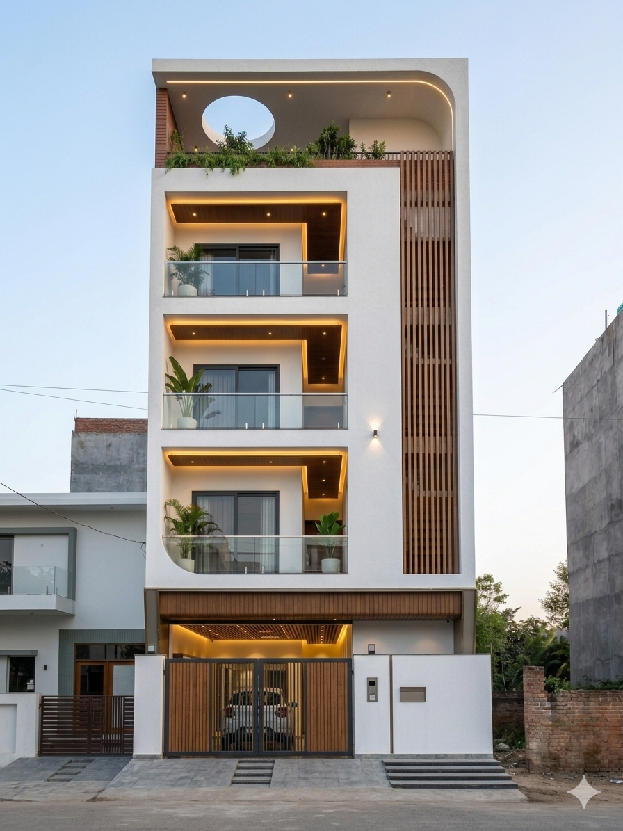 Modern duplex elevation with landscape lighting at dusk