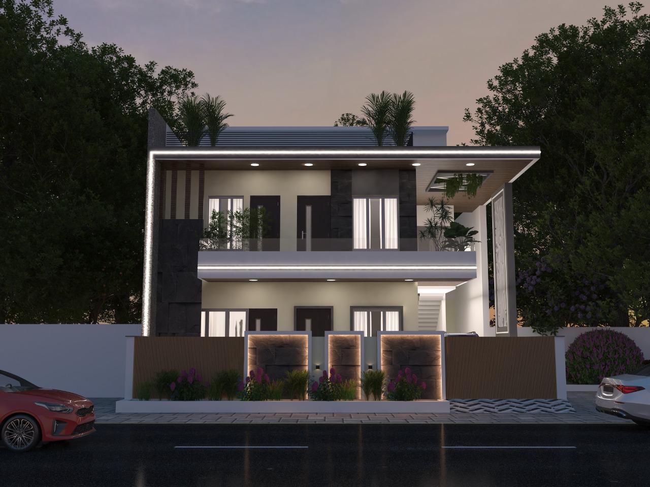 Contemporary elevation under construction with wood and brick cladding