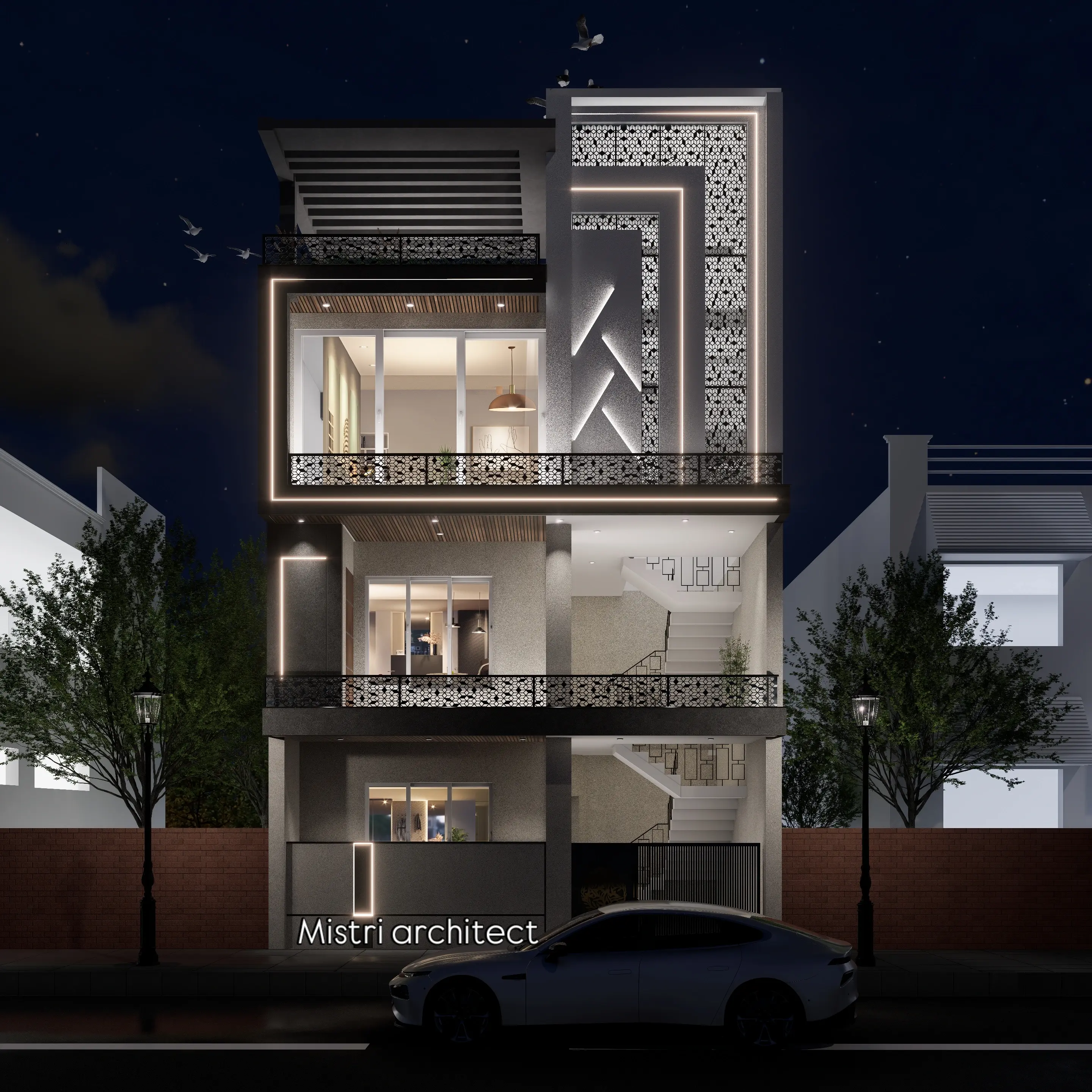 Multi-storey elevation with wood pergola and warm lighting