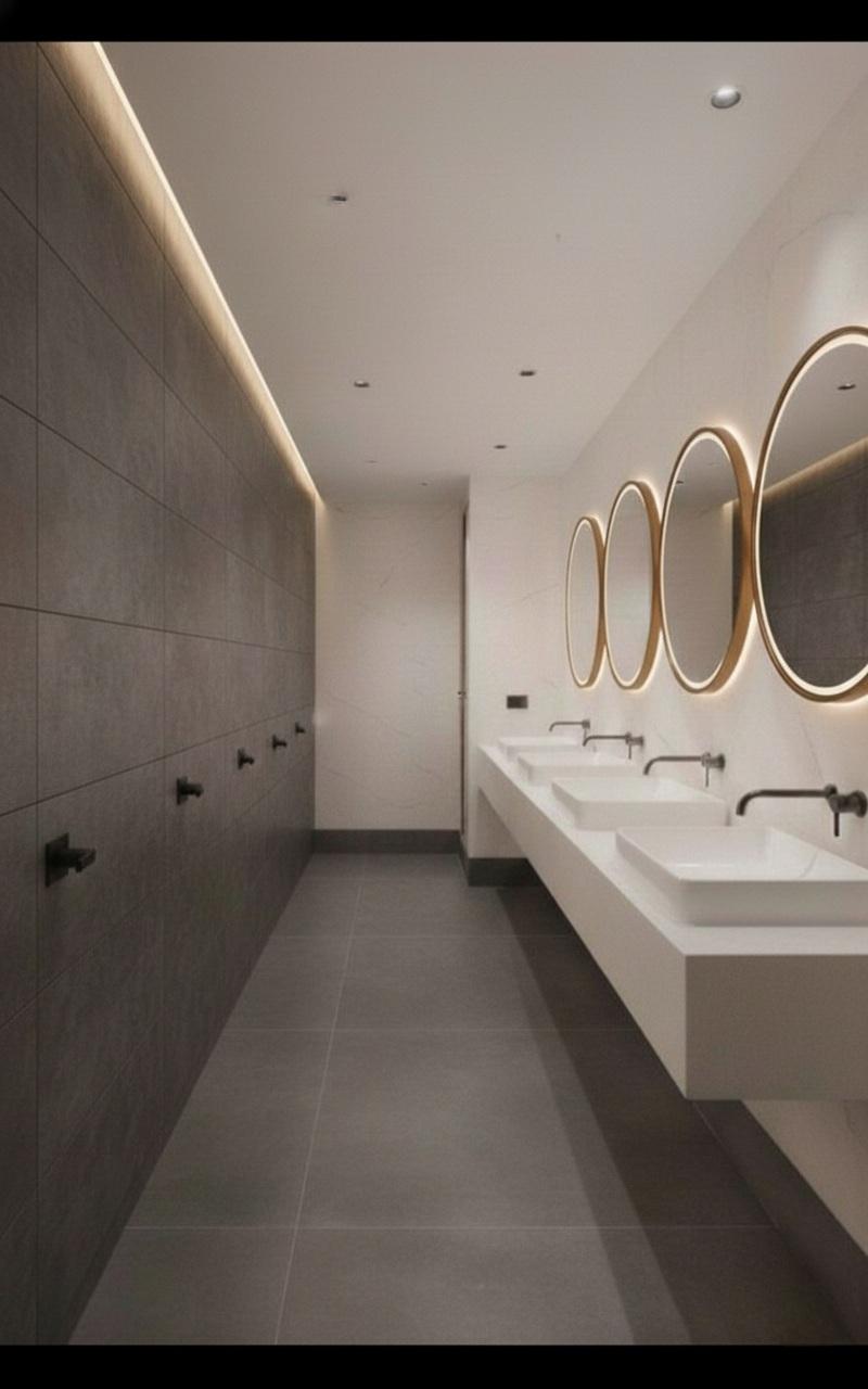 Premium washroom with oval backlit mirrors and grey stone tiles