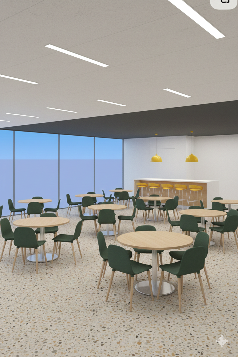 Corporate cafeteria with terrazzo flooring and green seating