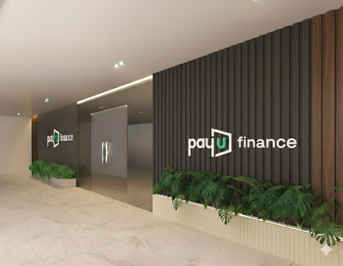 Corporate lobby with dark fluted wall paneling and indoor plants