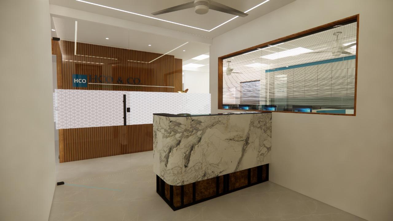Office reception with marble counter and wood paneling