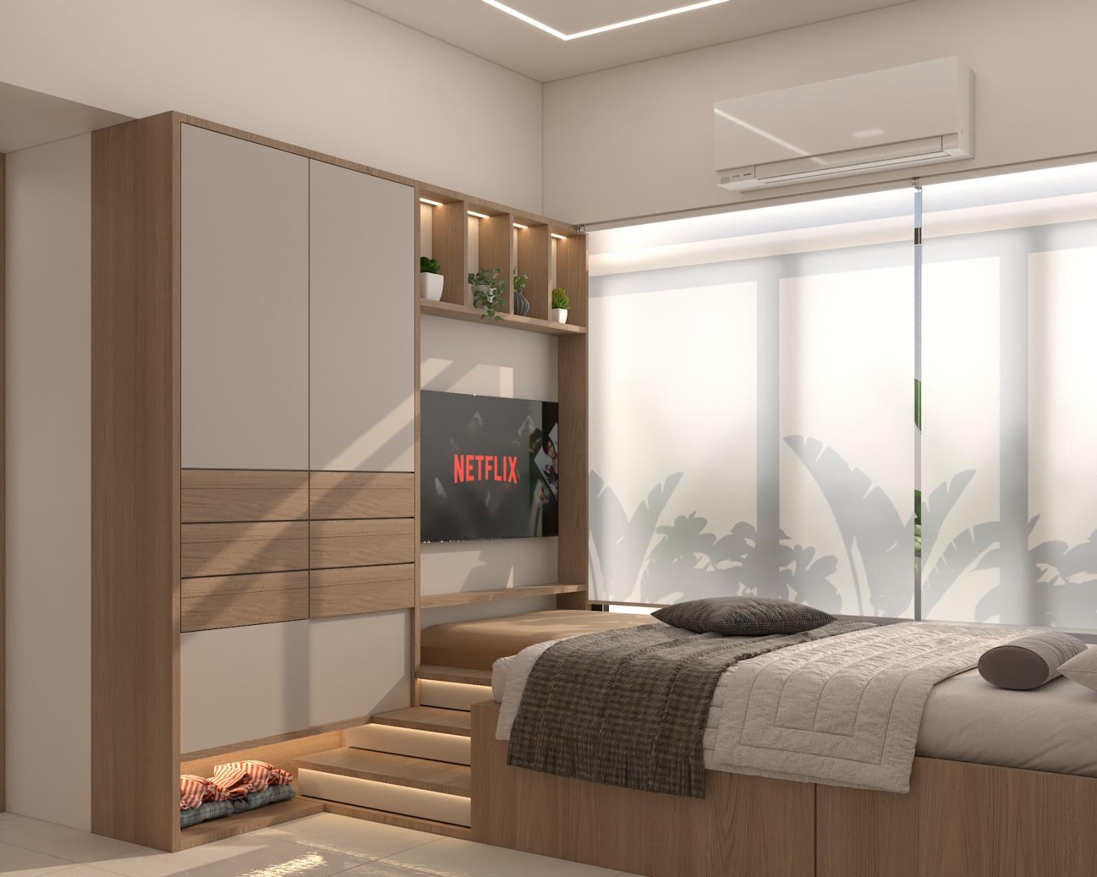 Contemporary bedroom with integrated wardrobe and platform bed