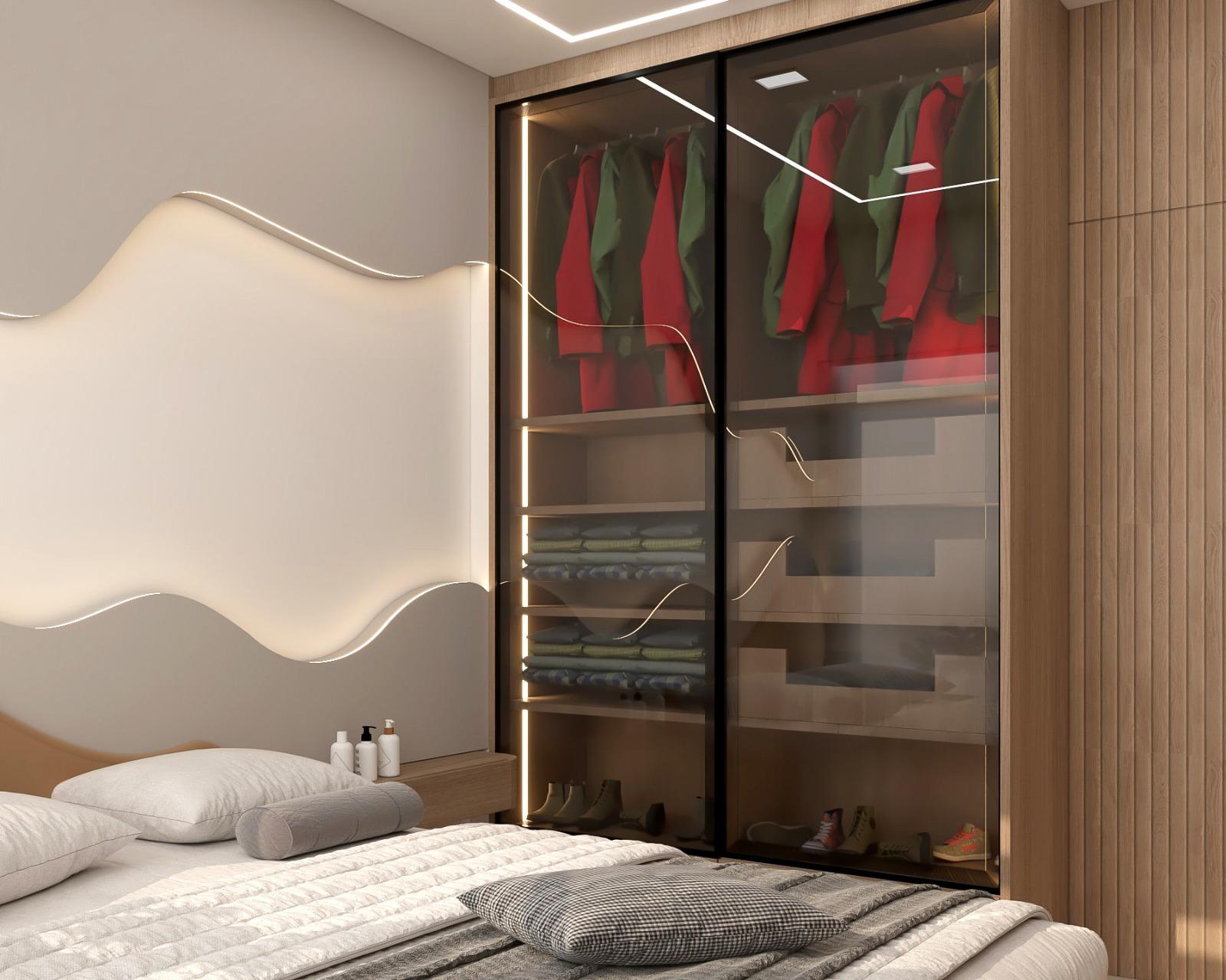 Bedroom with tinted glass sliding wardrobe and fluted accent wall