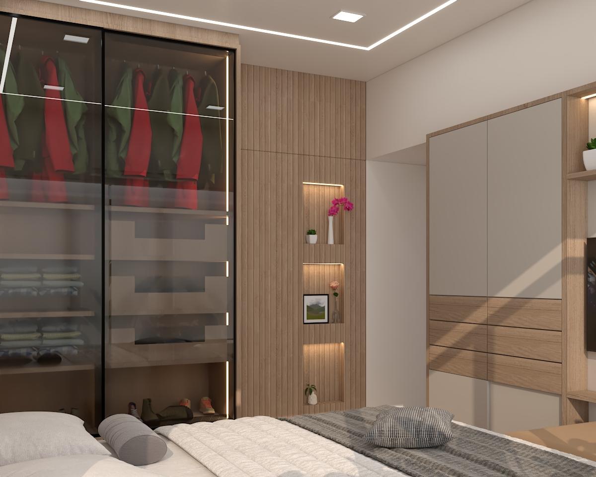 Master bedroom with glass wardrobe and wave-form headboard wall